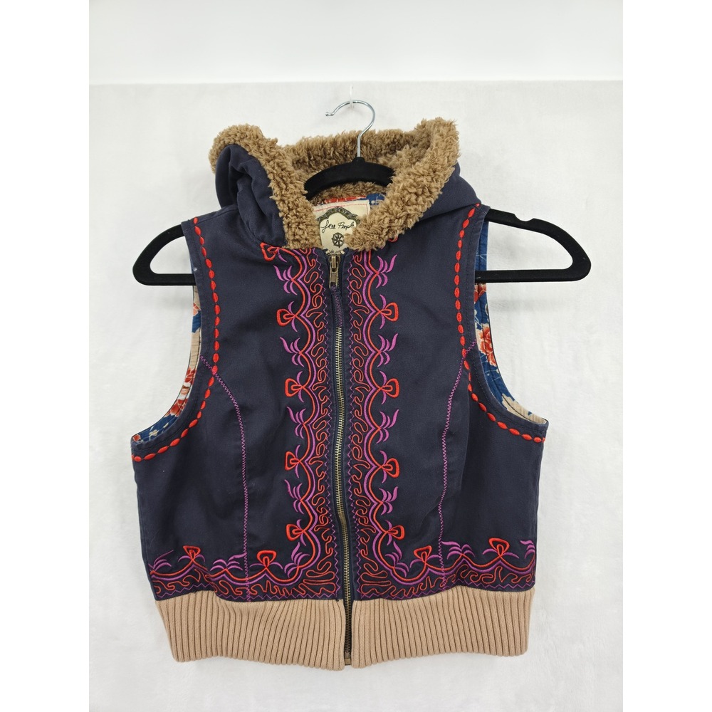 Free People Embroidered Hooded Vest Navy Blue Floral Boho Zip Up XS Hippie